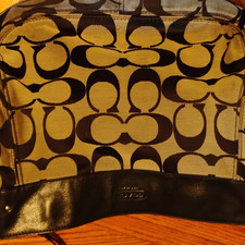 Coach Beige Black Shoulder Bag Logo Accent Studded Bag Charm Zip Closure