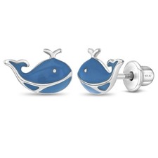 Playful Whale Kids / Girls Earrings Screw Back Enamel - Sterling Silver