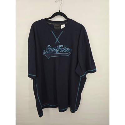 Sean John Mens 3XL Navy Blue T-Shirt Teal Contrast Stitch Embroidered Logo Y2K