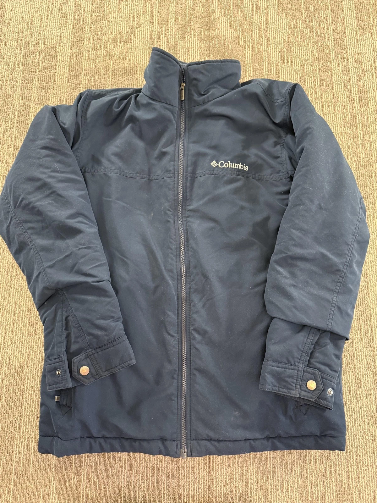 Columbia Jacket Mens Small Navy Insulated Full Zip Stand Collar Snap Cuffs Warm