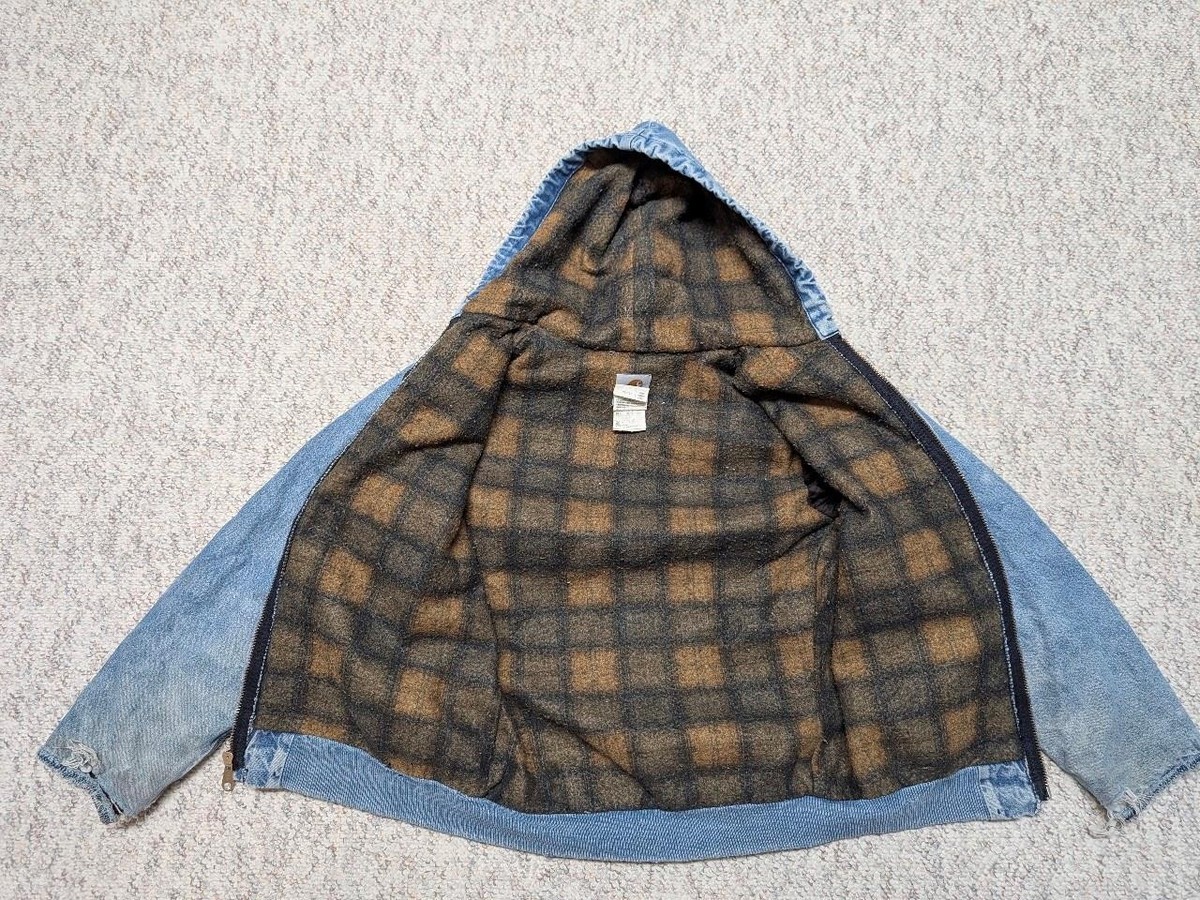 vintage 1990s blue CARHARTT jean jacket XS hooded DENIM lined