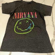 Nirvana Women  s Shirt Size-S Dark Gray Tie Dye Smiley Face Logo Grunge Rock
