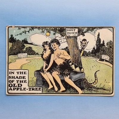 Comic Postkarte 1906 Adam Eva Vorsicht vor Schlangenschlange alter Apfelbaum Teufel
