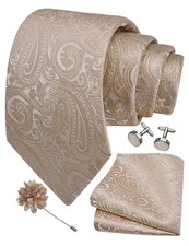 Champagne Tie Set for Wedding - Beige Paisley Necktie, Pocket Square Cufflinks
