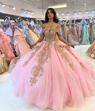 Luxury Pink Quinceanera Dresses Off Shoulder Gold Appliques Sweet 16 Ball Gown