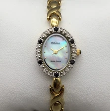 Dufonte Lucien Piccard Watch Women 18mm Gold Tone MOP Crystals New Battery 8"