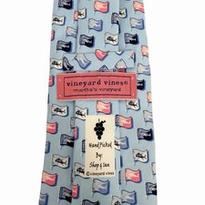Vineyard Vines Men's Tie Nautical Fish Flags Blue/Pink Silk USA 3.5" W 58" L 