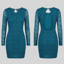 Victorias Secret Teal Blue Stretch Lace Open Back Bodycon Mini Dress Small