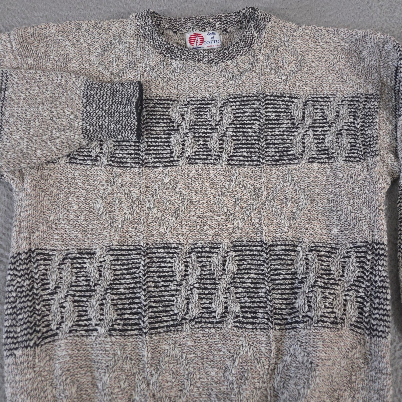 VINTAGE Isle of Cotton Sweater Mens Large Grey Geometric Textured Knit 90s