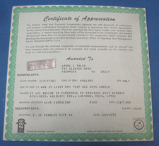 Avise Fish And Wildlife Service Bird Band Mallard w/ Certificate of Appreciation