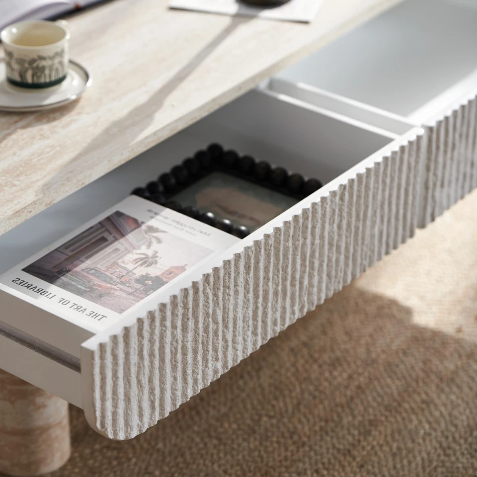 Mid Century Modern Coffee Table Faux Marble Top Fluted Drawer Living Room Office - Image 4 of 4