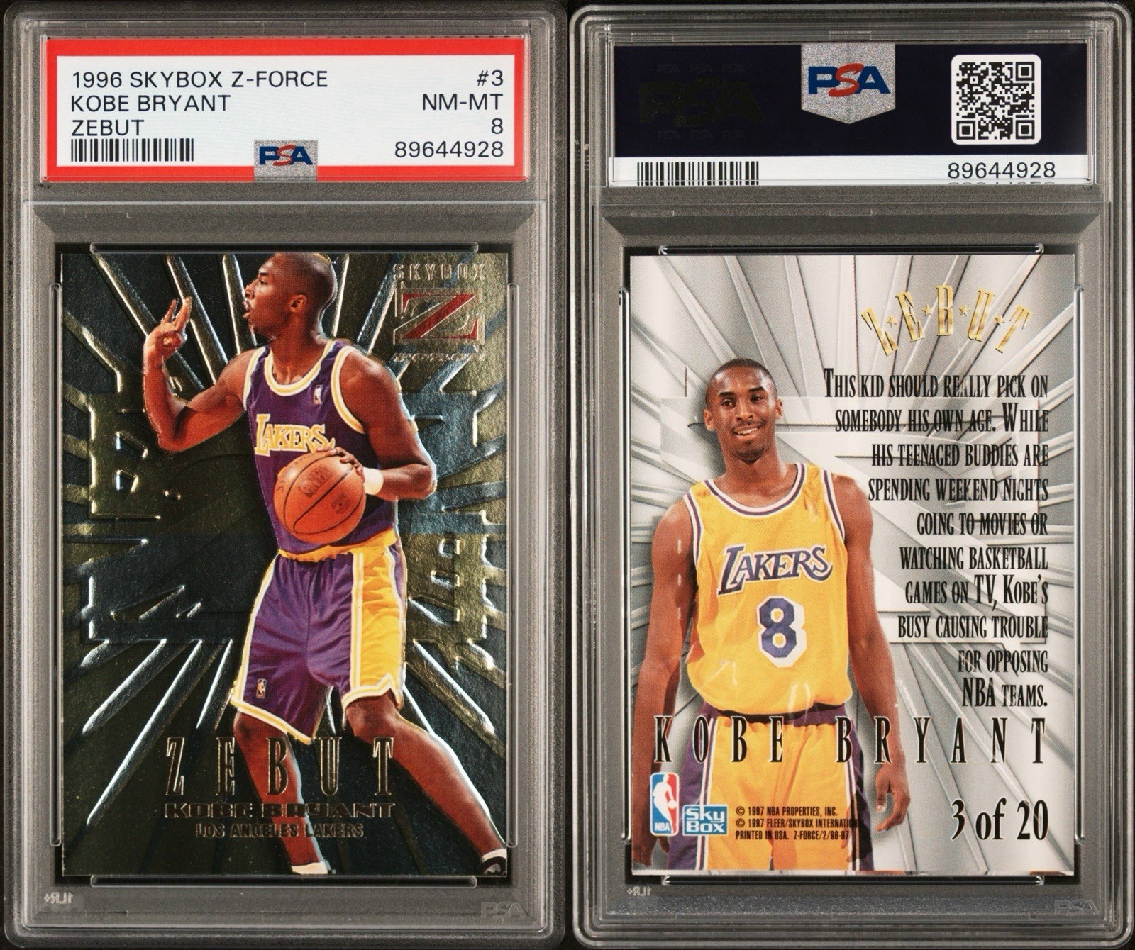1996-97 Skybox Z Force - Zebut Kobe Bryant #3 (RC) PSA 8 view 3