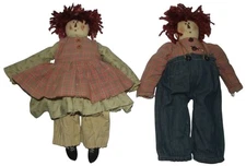 Raggedy Ann & Andy Rag Dolls 13" country 1990s aged folk art fabric