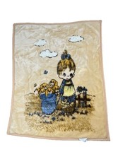 Vintage Precious Moments Baby Blanket Girl With Puppies In Basket Cottagecore
