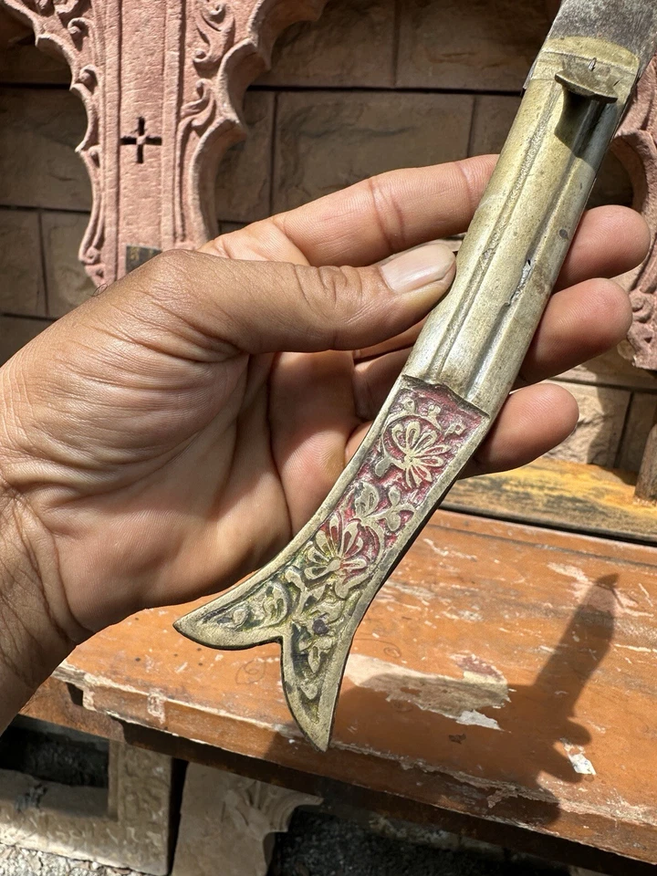 Ancient Old Rare Brass Hand Carved Beautiful Meena Work Folding Pocket Knife - Image 4 of 4