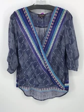 Multiples Preowned Womens Blue Blouse Size Small(P) 3/4 Sleeve Semi-sheer