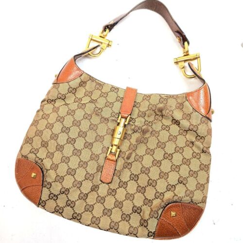 Brown GUCCI GG New Jackie Canvas Leather Shoulder Tote Handbag 120888