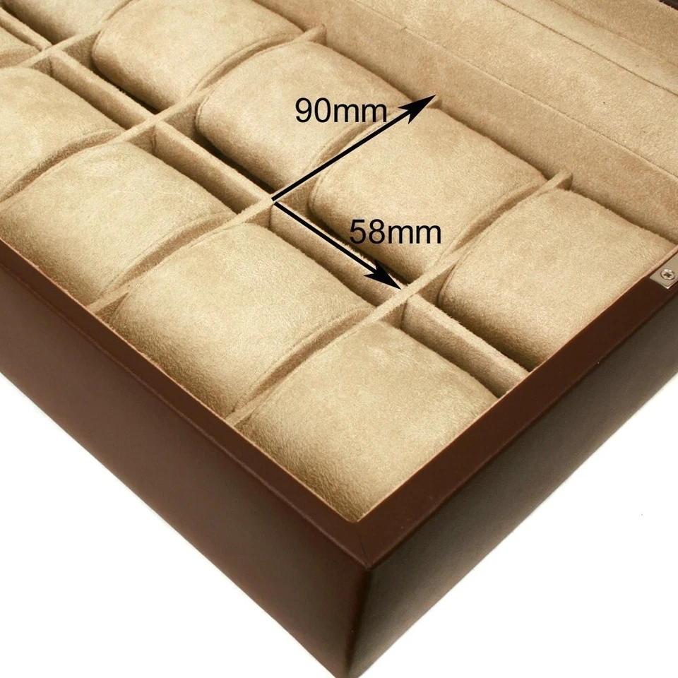 Watch Box Brown Leather For 12 Watches Extra Large XL Compartments Glass Lid - Image 3 of 4