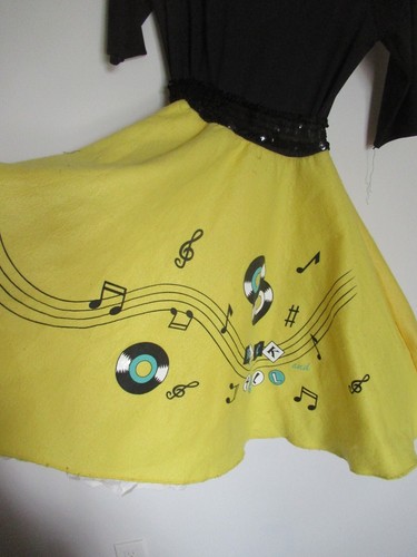 Vintage Rock A Billy Costume Dress Record Musical Notes Print Black Top Yellow - Picture 2 of 9