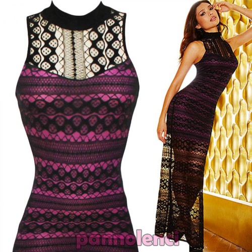 Vestito lungo sirena donna abito aderente pizzo nude look nuovo DL-1328 |  eBay