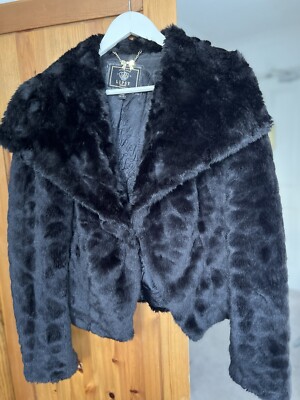Lipsy Ladies Black Faux Fur Short Coat Jacket Size 12 Evening