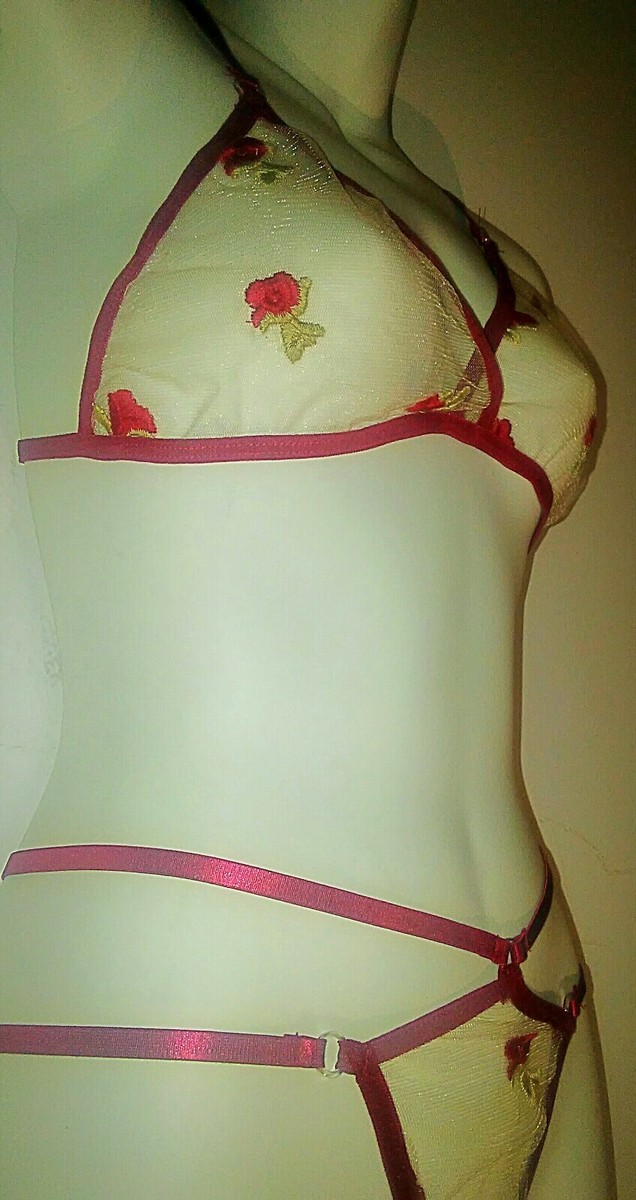 Shein Lingerie Set Sheer Red Roses Woman MEDIUM Bralette Panty - Main Image