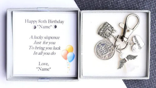 Personalised 80th Birthday Lucky Sixpence  Novelty Keyring - Gift for Her - Picture 1 of 4