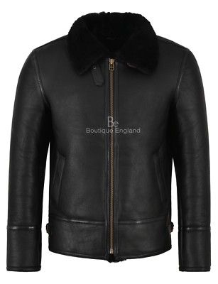 Herren B3 Schwarz Fell Lammfell Schaffell Lederjacke Bomber Pilot RAF HARBIN