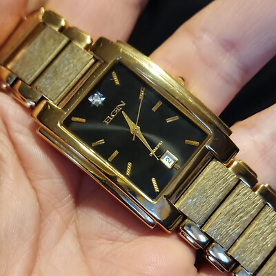 Elgin Men's Watch Diamond Date Quartz Black-Dial Gold Tone New