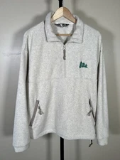 EMS Eastern Mountain Sports Oatmeal Beige Fleece Leather Trim Pullover Jacket L