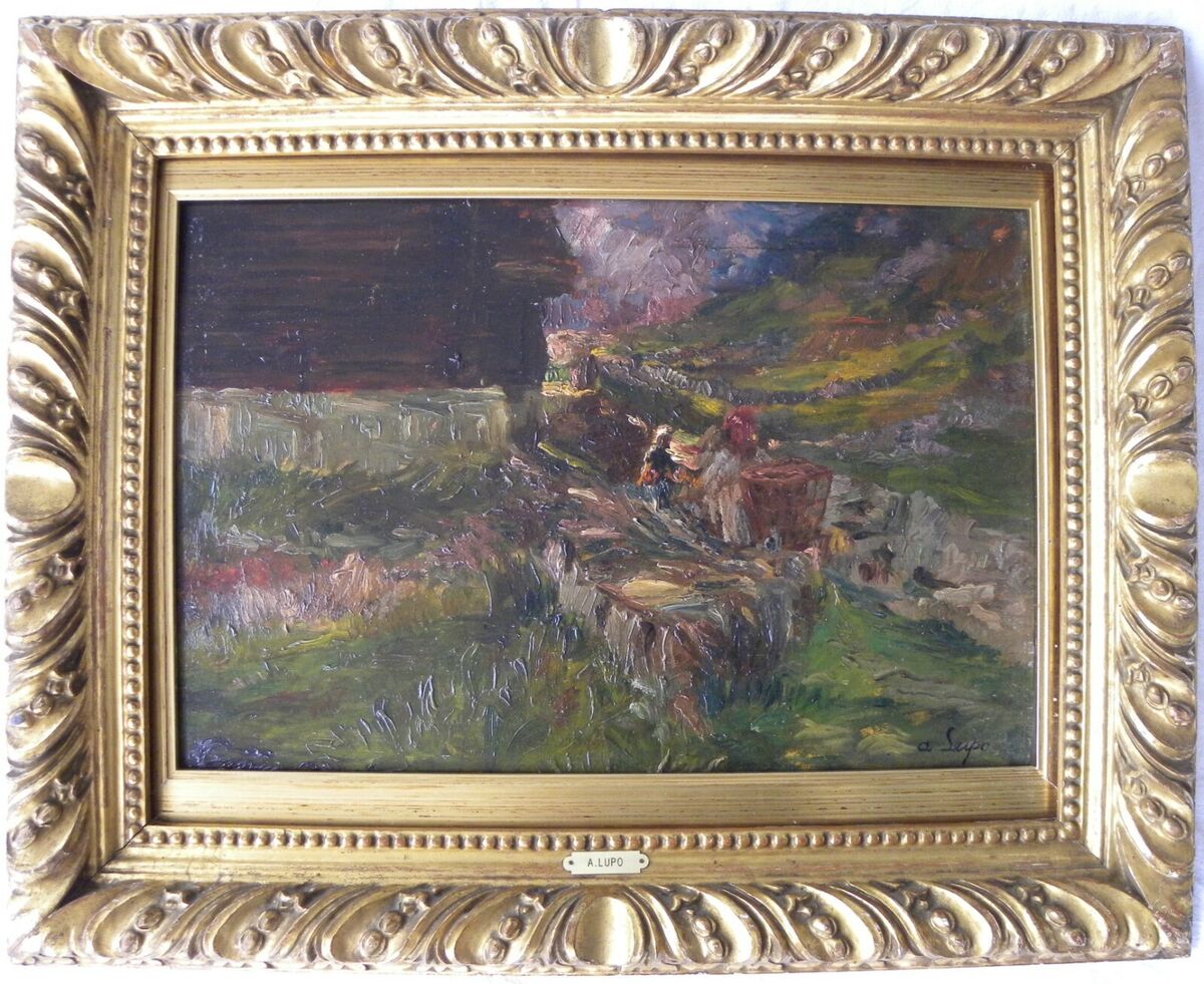 Alessandro LUPO (Torino 1876–1953) Paesaggio con contadine splendido OLIO  33x48