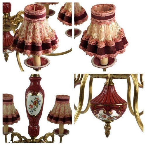 Antique Large Pink Chandelier, Brass Chandelier With Red Ceramic Decoration - Picture 9 of 10
