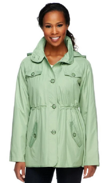 Dennis by Dennis Basso Water Resistant Floral Lined Jacket with Hood, Sage, XS