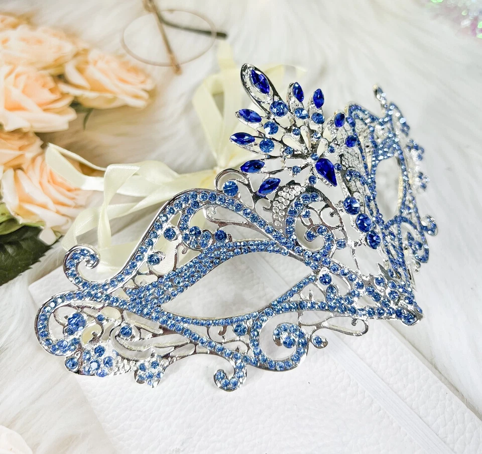 Masquerade Ball Party Mask, Venetian Silver Mask, Mardi Gras Parade Blue Mask - Image 4 of 4