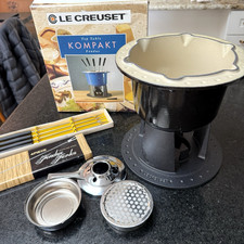 Vintage Le Creuset Compact Enameled Cast Iron Black Fondue Set Table Top 2.25qt