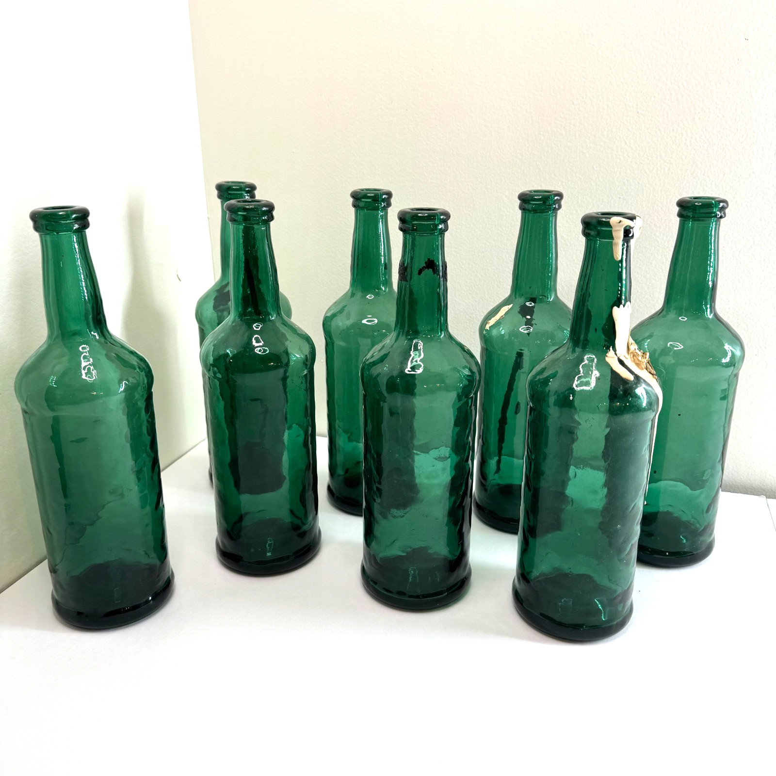 Set of 8 Green Hammered Glass Bottles 10.5” Rustic Decorative Vase Craft Lot