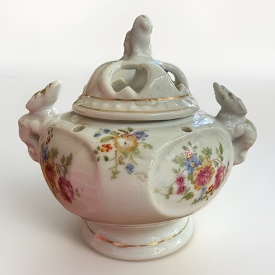 Vintage Japanese Pedestal Floral Incense Burner With Lid Pot Foo Dog Finial 4 