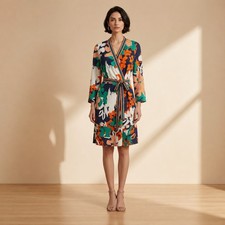 Colorful Abstract Floral Faux Wrap Dress Belted Resort Midi Dress Size M