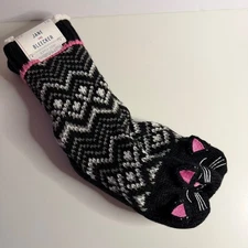 Jane and Bleecker Cozy Slipper Socks Black White Pink Cat Face Plush One Size