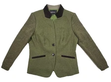 LAFAYETTE 148 Womens 8 Green Wool Blazer Leather Trim Knit Sleeves Jacket