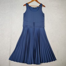 Theory Maxi Dress Women's P Navy Satin Pleated Sleeveless Fit & Flare Minimalist
