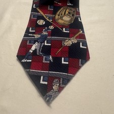 American Sports Men  s Silk Necktie Baseball Theme Red Blue Gray Geometric