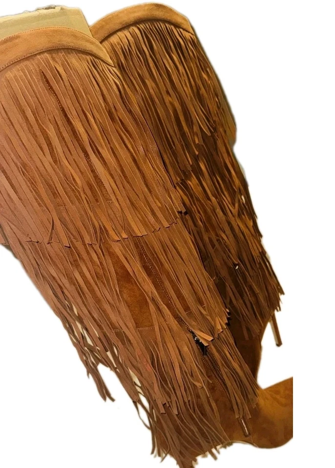 Botas de aguja con flecos Nine West hasta la rodilla coñac para mujer talla 11M Foto 4 de 4