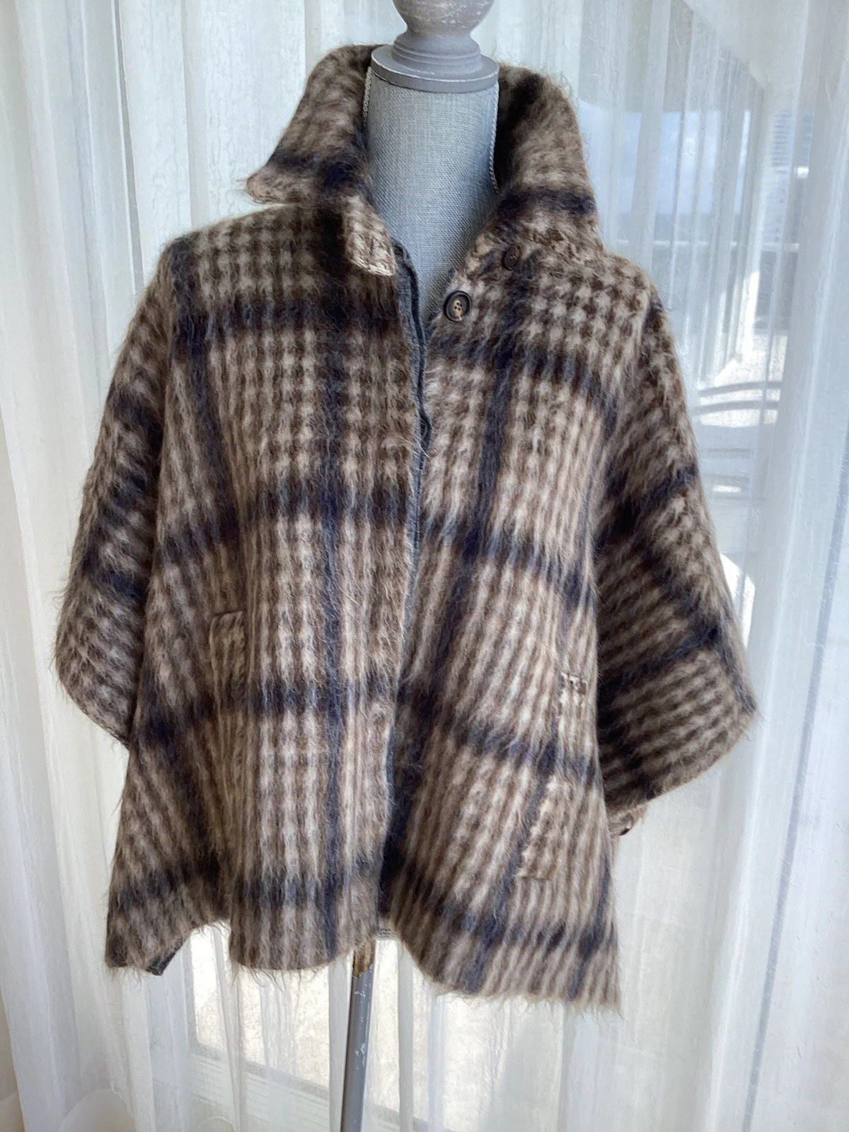 Brunello Cucinelli Tartan Intarsia Plaid Jacket Cape Poncho Sz XL NWT $7k