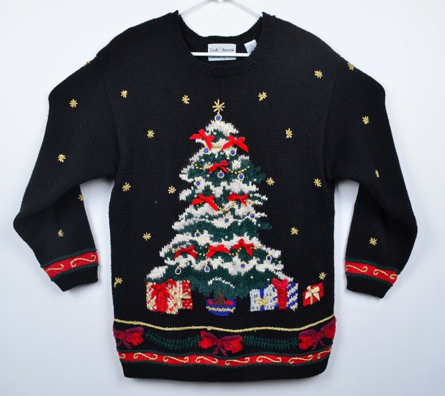 Vtg 90s Ugly Christmas Sweater Adult Sz Large Hand Knit Black Big 