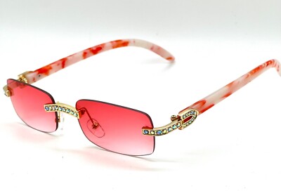 Mens Retro Vintage Rimless RED Lens Gold Diamond Square Wood Frame Eye  Glasses