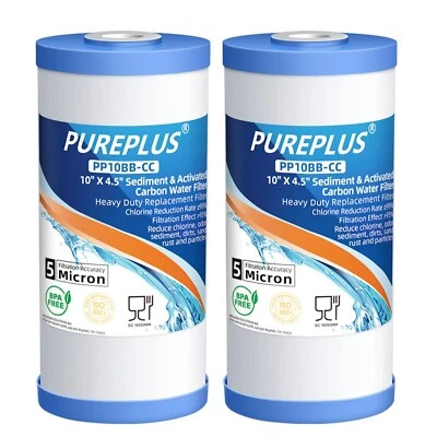 PUREPLUS 5 Micron 10" x 4.5" Whole House Sediment and Carbon Water Filter Fit GE FXHTC