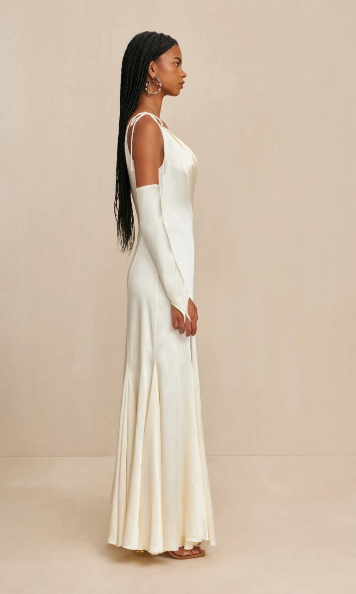 OFF WHITE Abito da sposa nuovo cult Gaia Nassia bianco sporco raso US 4