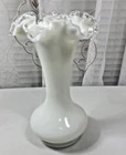 VTG Fenton White Silver Crest Ruffled Vase 8" Unmarked