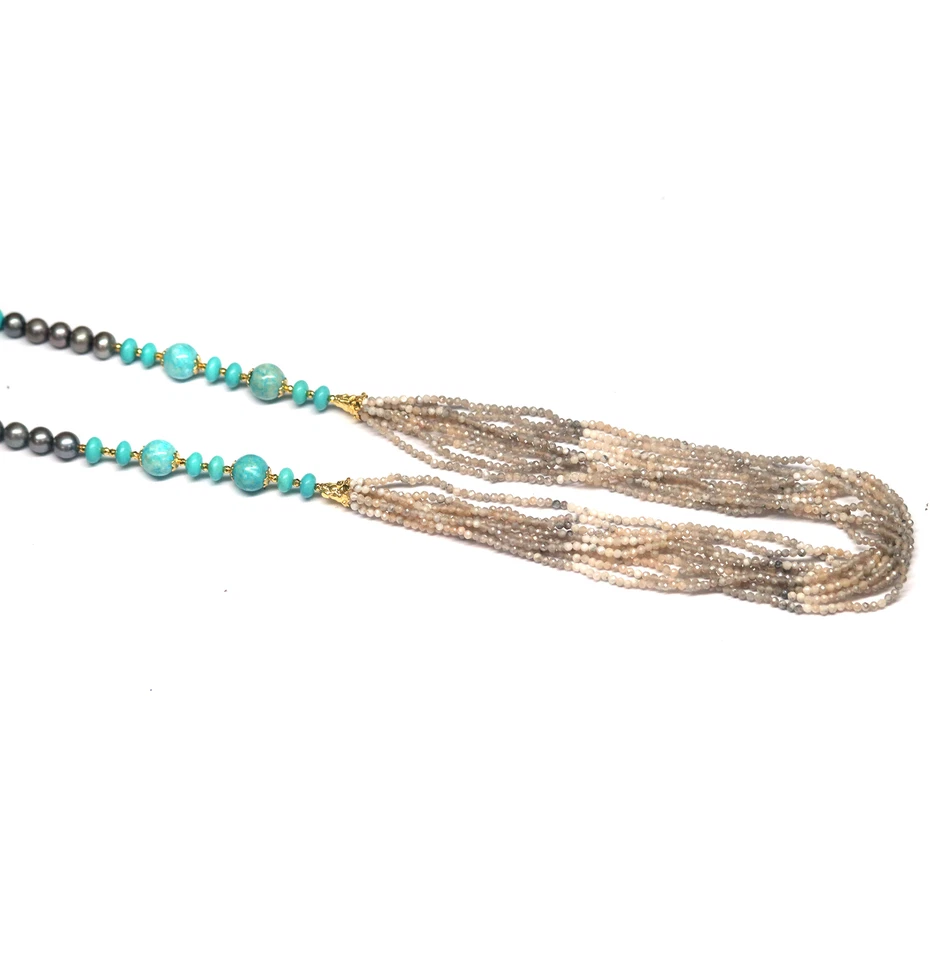 Gray Pearl, Blue Turquoise & Onyx Long-Necklace 30" Silver 925 Sterling - Image 3 of 4